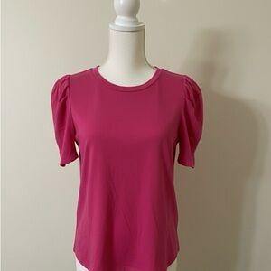 Sage + Fig Magenta Puff Sleeve Crewneck Top Vivid Pink Short Sleeve Tee